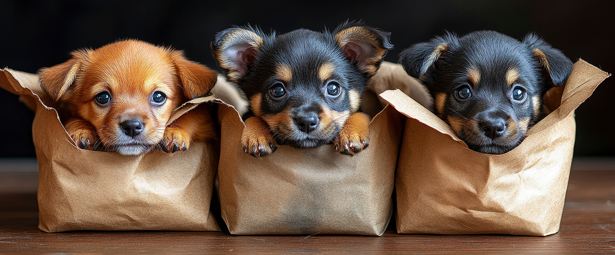 Three puppies peeking out from paper bags against a dark background