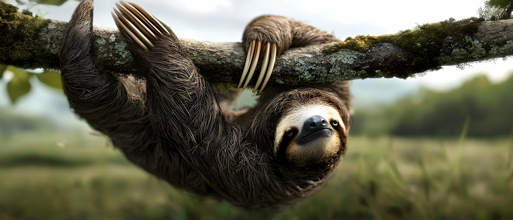 Sloth hanging from a branch in a natural setting