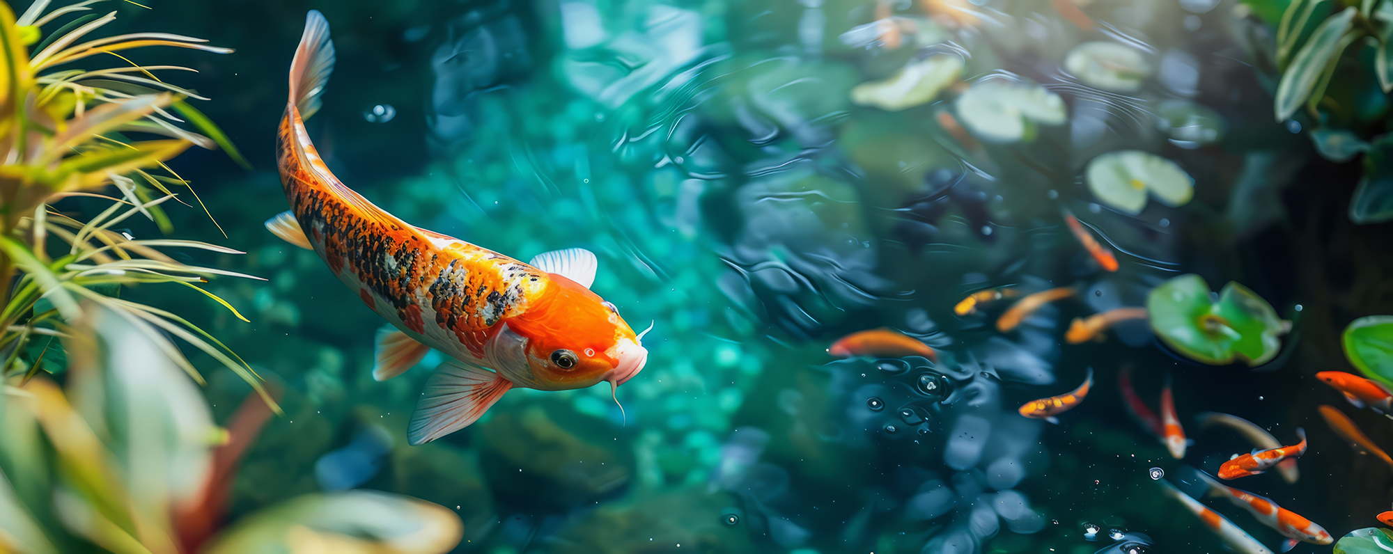 Colorful koi fish swimming in a pond with green plants and lily pads.
