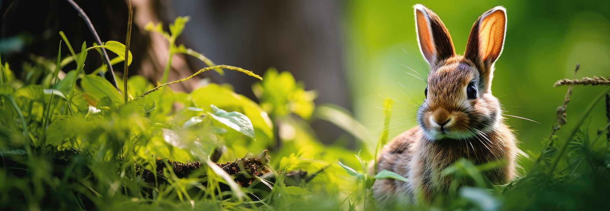 Small rabbit peeking out from behind green foliage