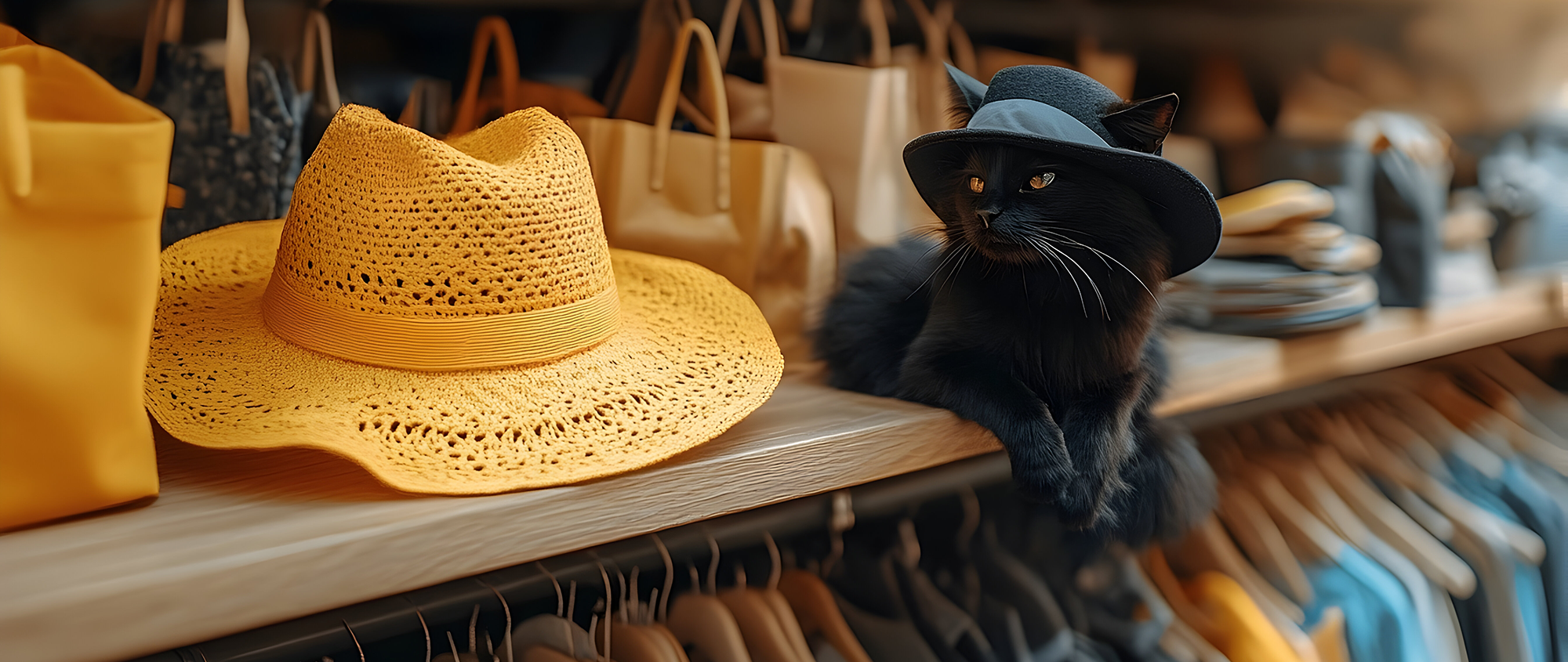 Black cat sitting on a clothing rack with a yellow hat and various bags in the background