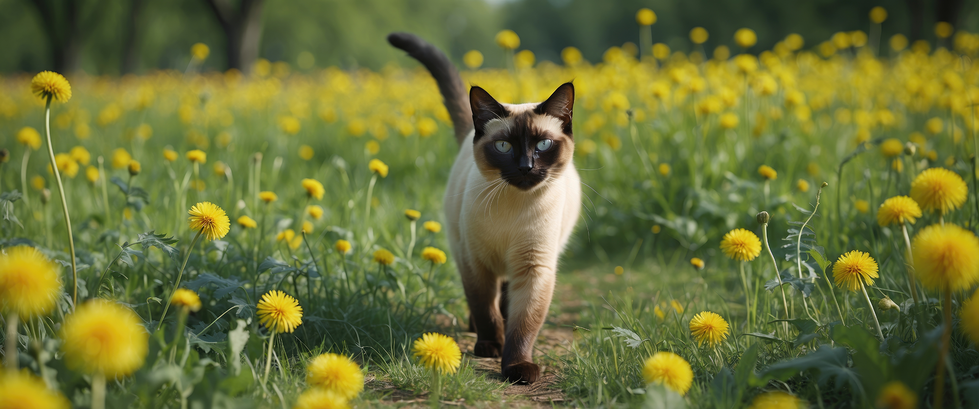 Siamese cat walking on a path through a field of yellow flowers