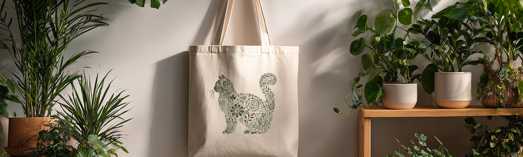 Tote bag with a cat design in a room with plants
