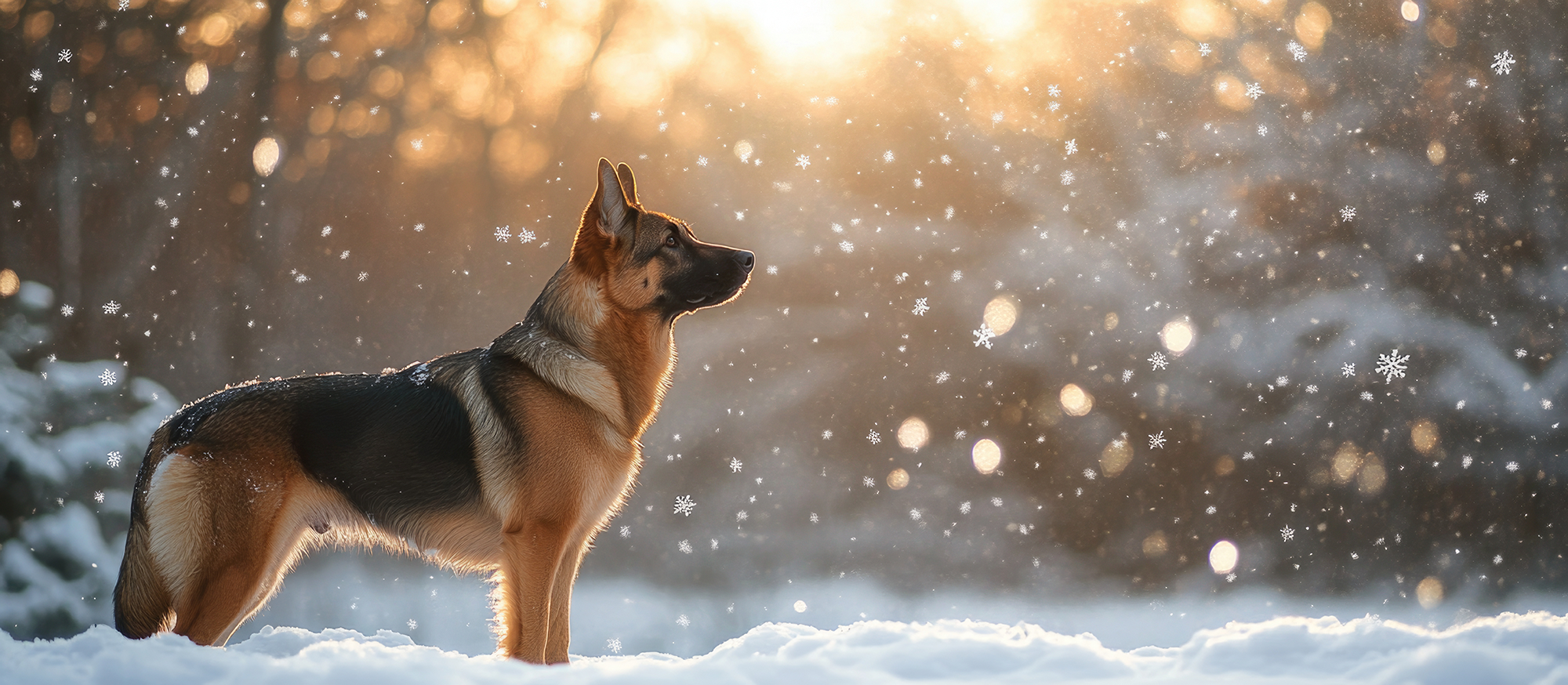 Dog standing in the snow with a blurred winter background