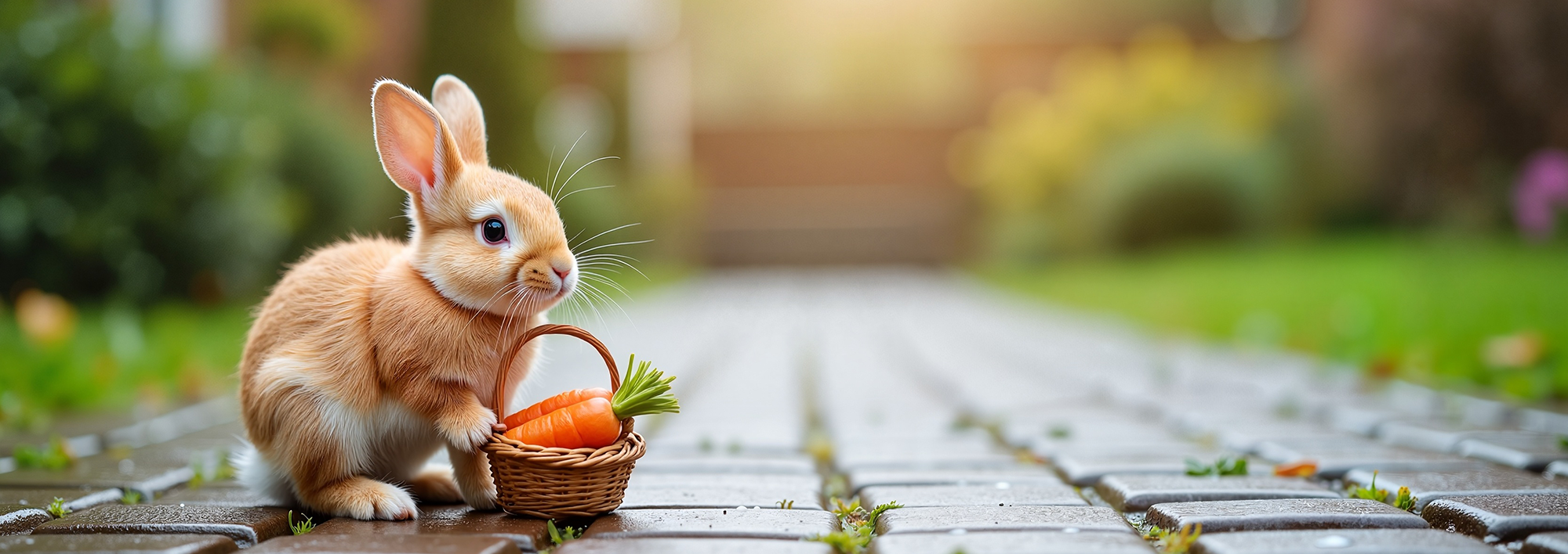 Small rabbit with a basket of carrots on a wooden path in a garden