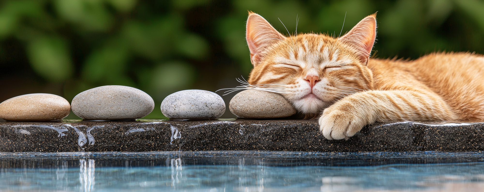 Cat sleeping on stones by a pool with a blurred green background