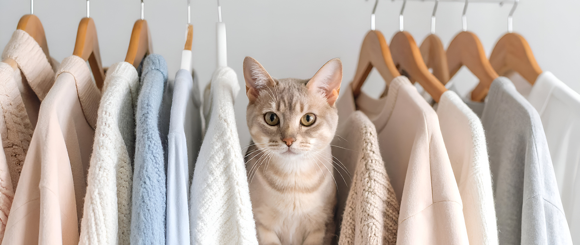 Cat sitting among hanging clothes on a rack