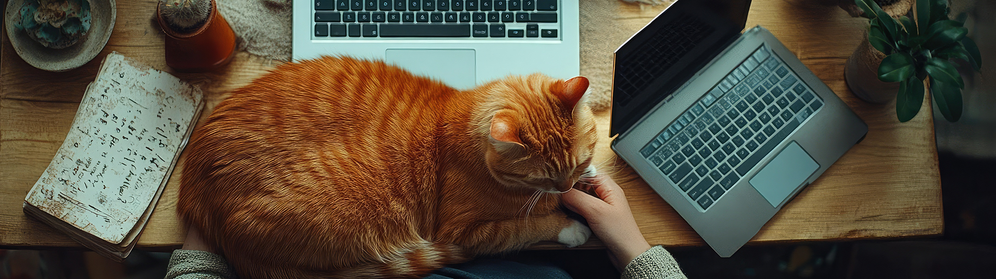 Cat lying on a wooden desk with two laptops and a notebook