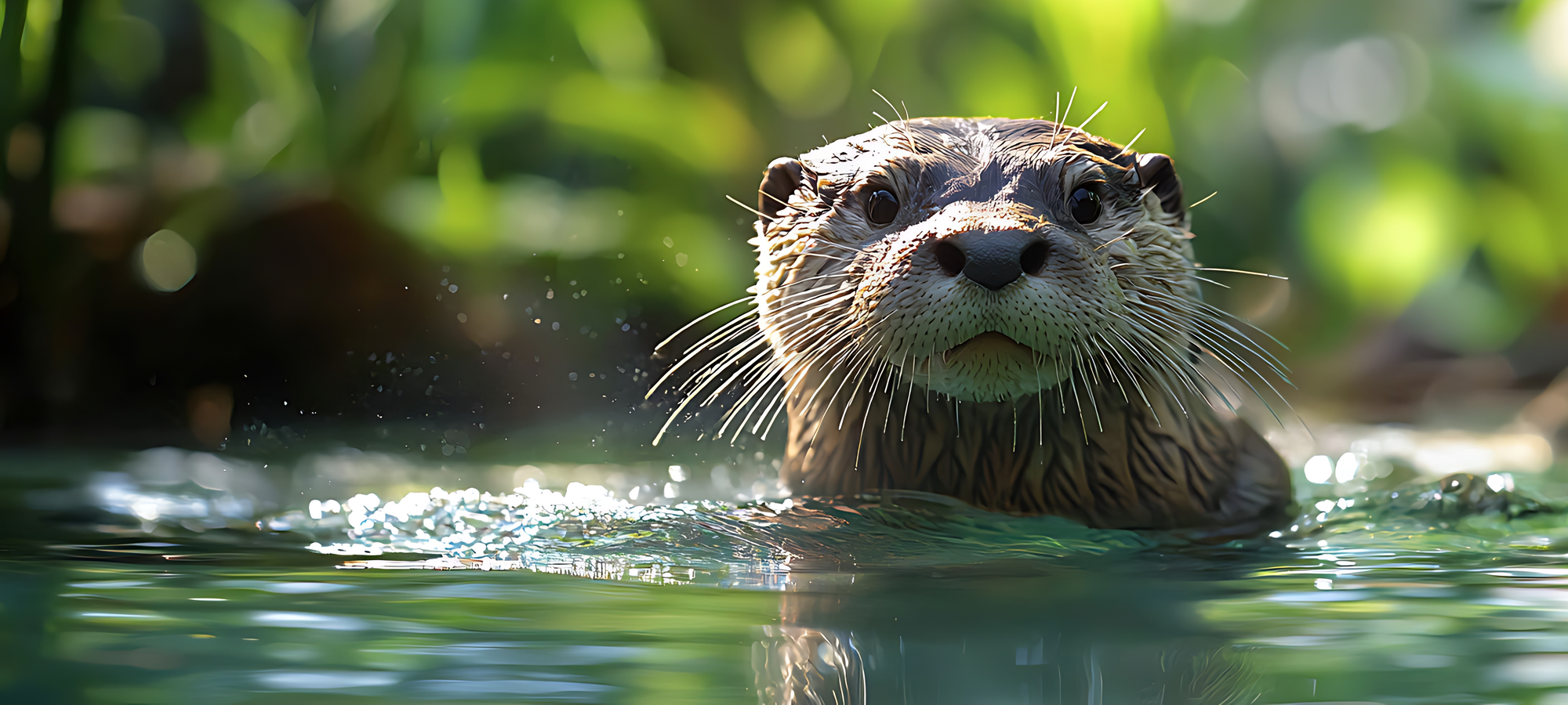 Otter swimming in water with a blurred green background