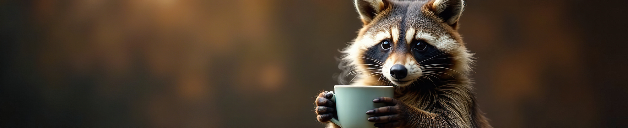 Raccoon holding a cup against a dark background