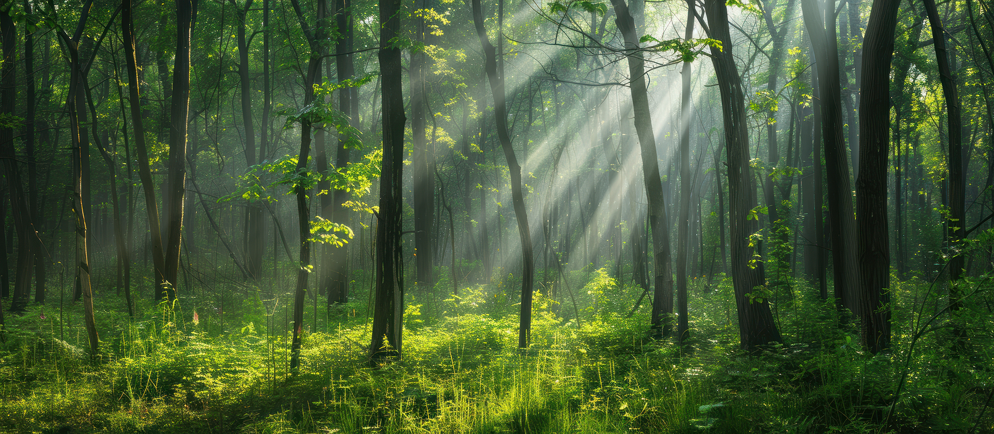 Sunlight filtering through trees in a forest