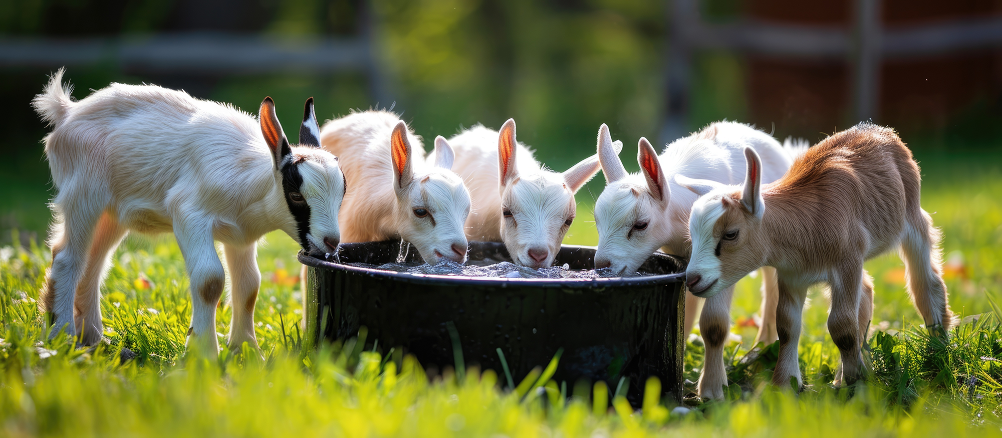 Group of baby goats drinking from a bowl in a grassy field