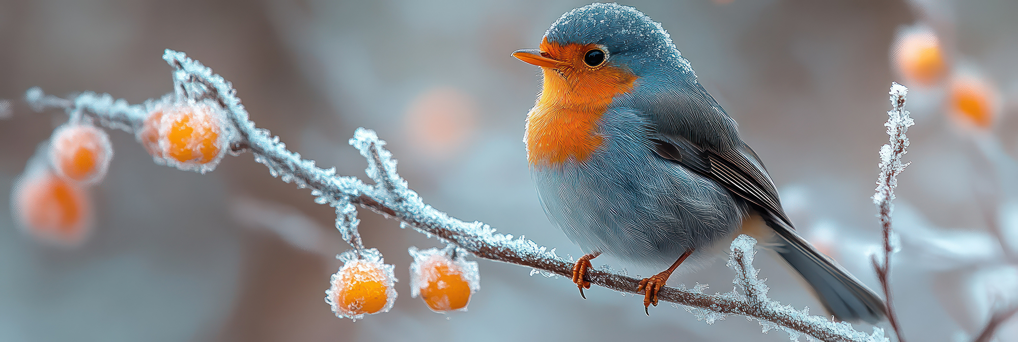 Bird perched on a branch with frosty berries in a winter setting