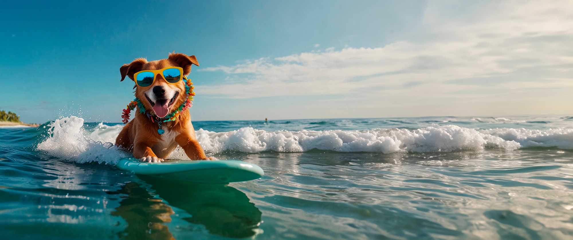 Dog on a surfboard with sunglasses in the ocean