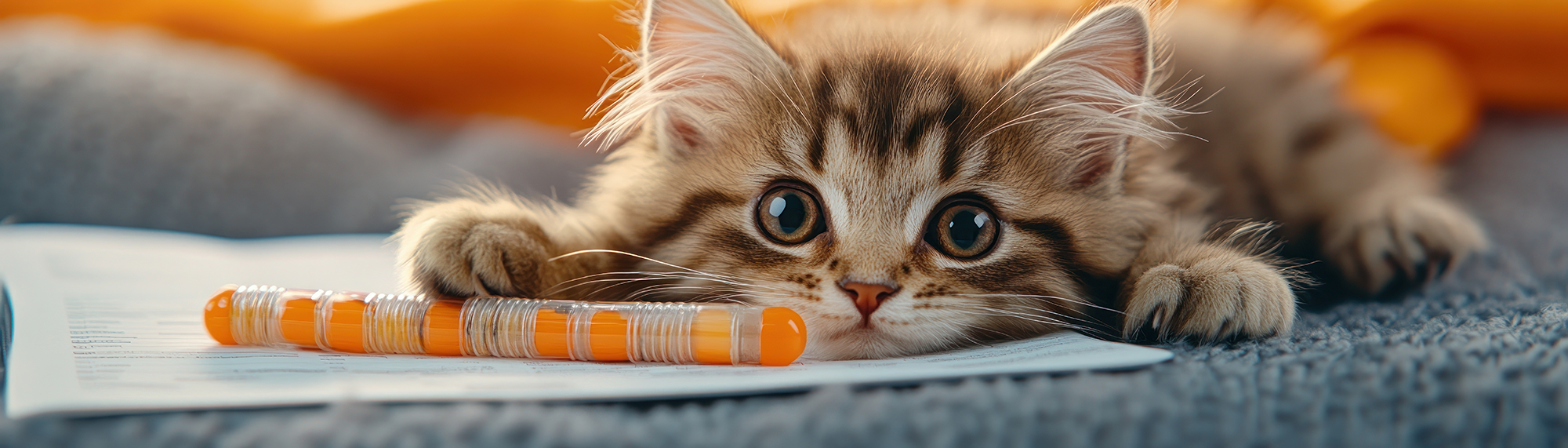 Kitten lying on a blue blanket with an orange and white striped pen nearby