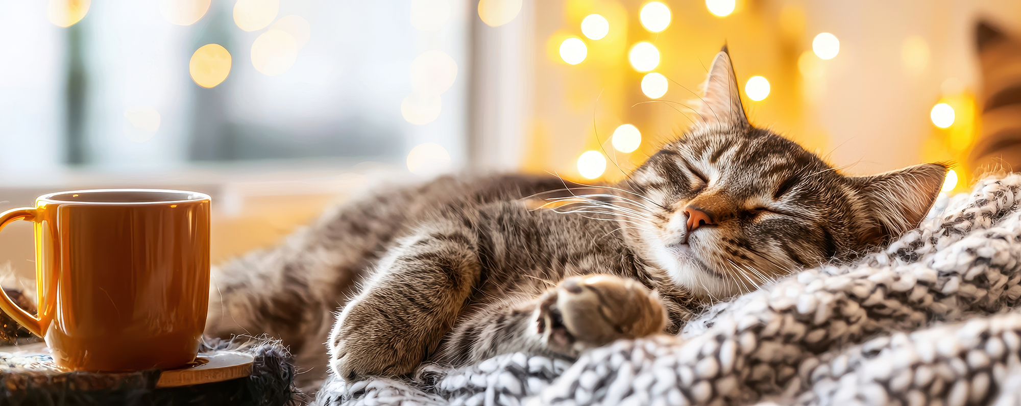 Cat sleeping on a blanket with a mug next to it, surrounded by warm lights