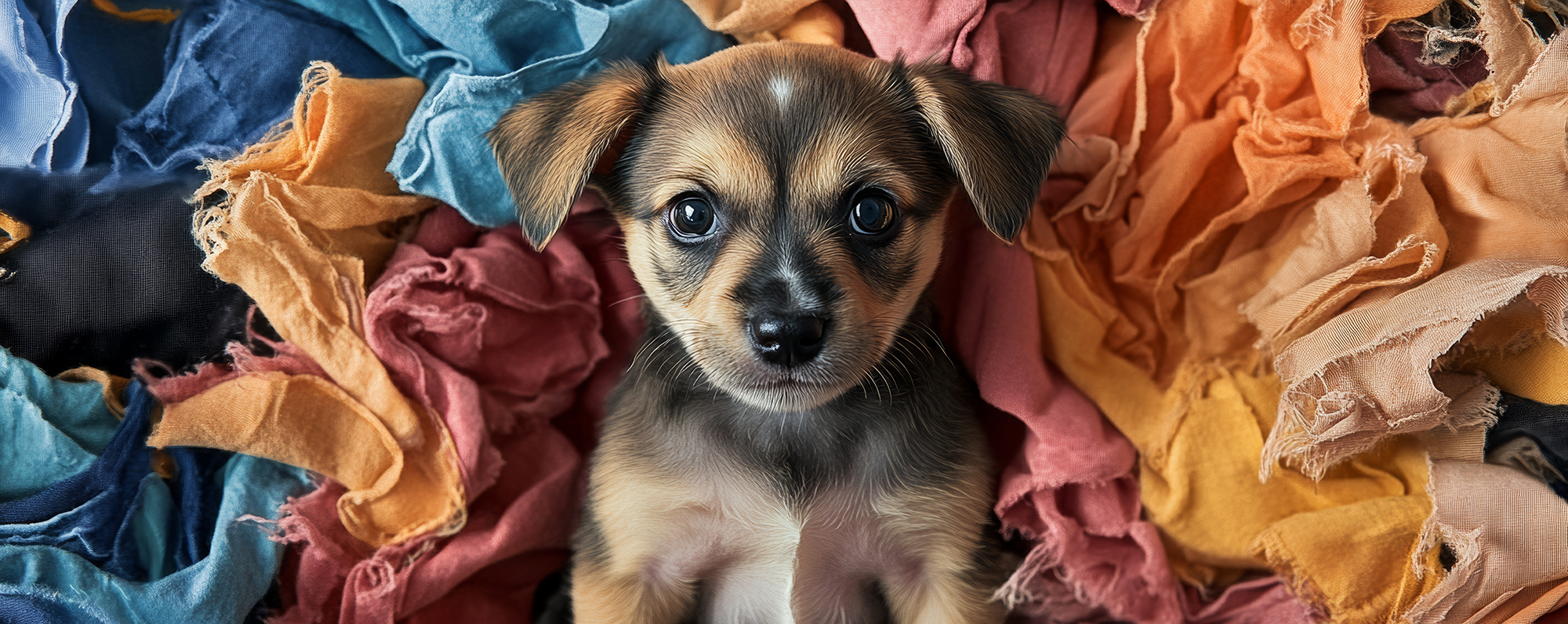 Small puppy surrounded by colorful fabric