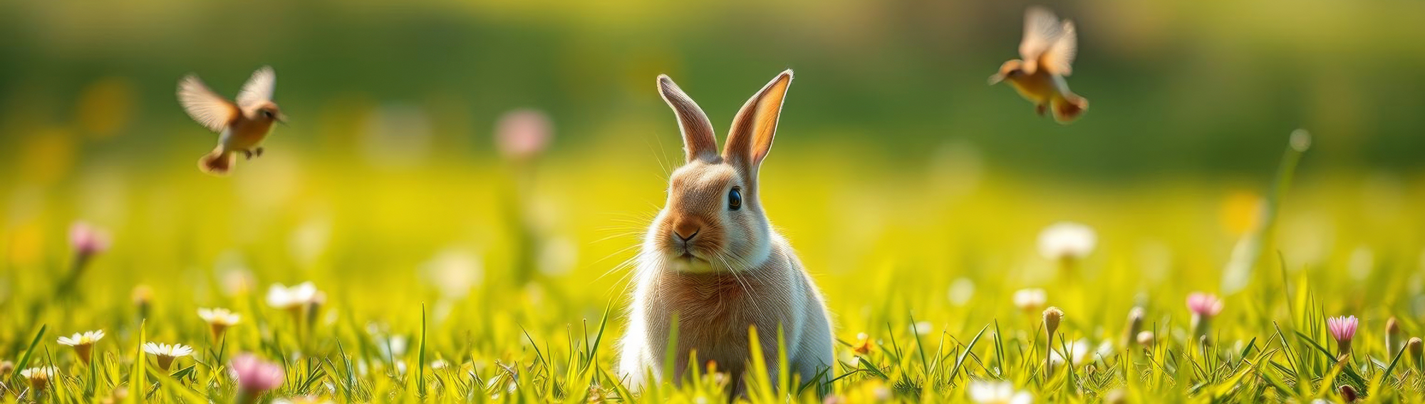 Rabbit in a grassy field with flowers and blurred background