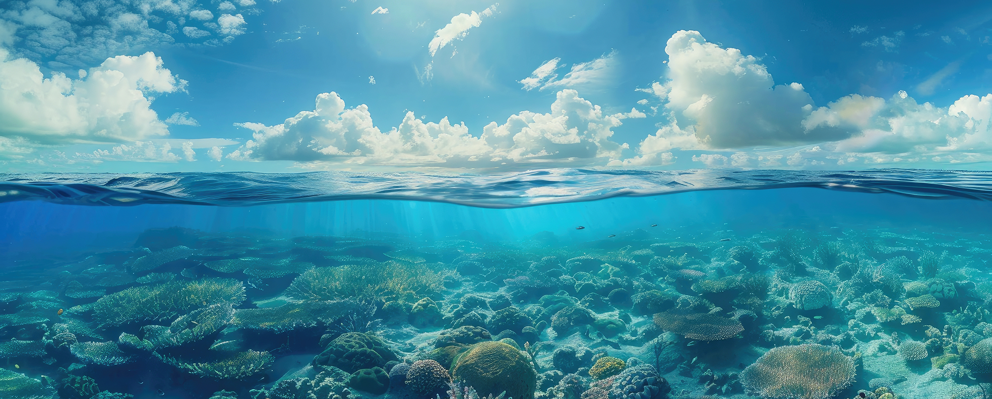 Split view of a coral reef with clear blue water and a bright blue sky.