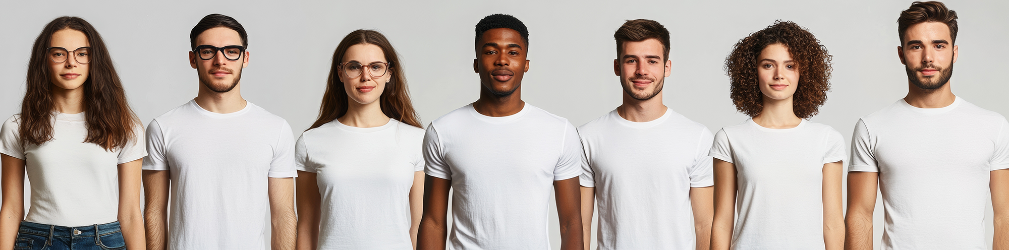 Row of people wearing white t-shirts against a plain background
