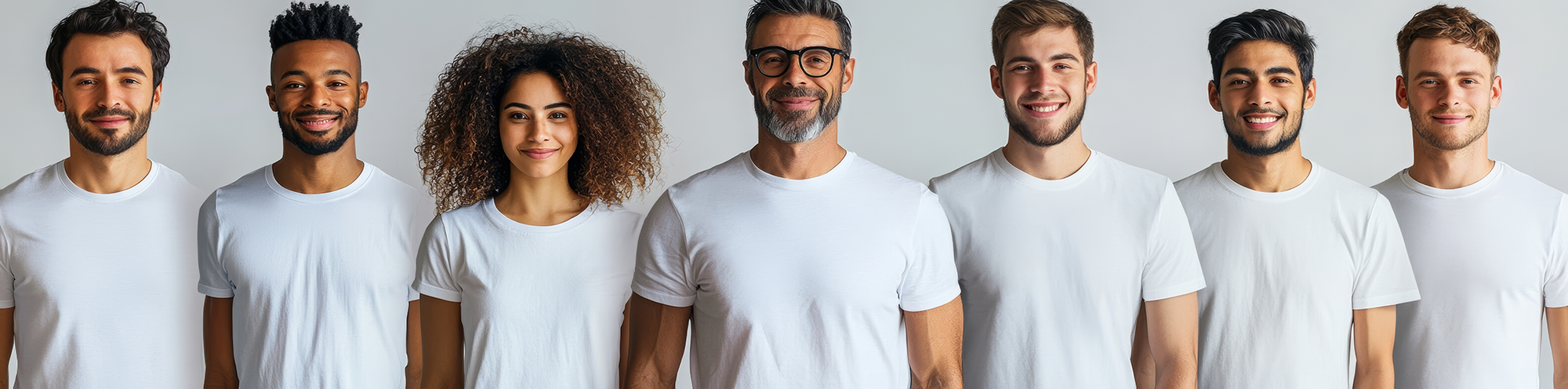 Group of people wearing white t-shirts against a plain background