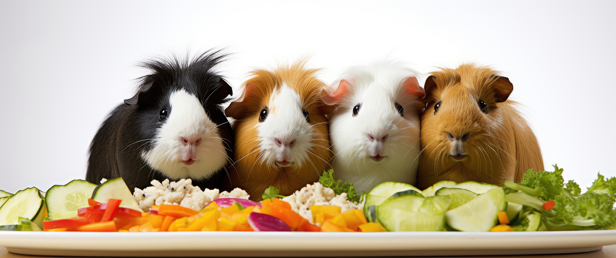 Four guinea pigs on a plate with vegetables