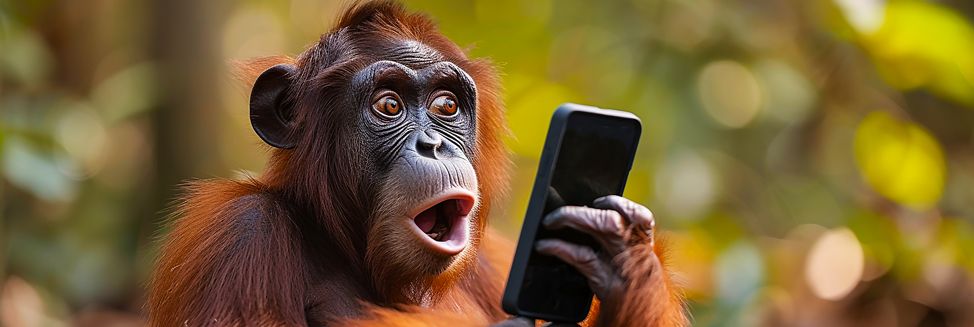 Orangutan holding a smartphone with a blurred natural background