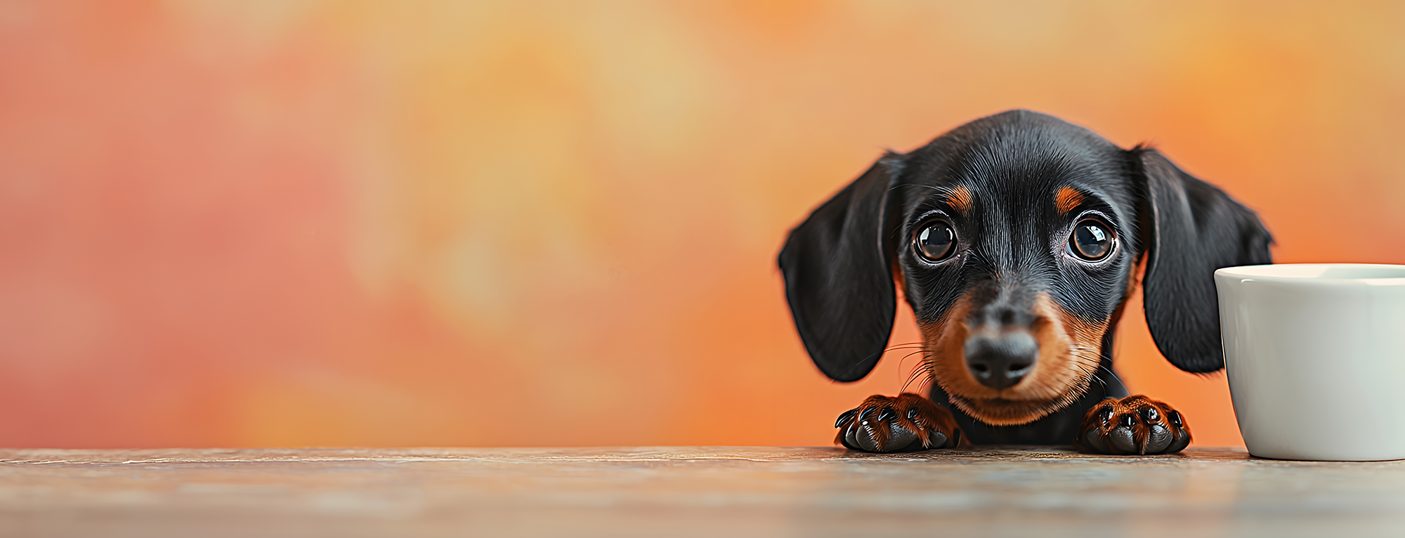Small dog peeking over a table with a blurred background
