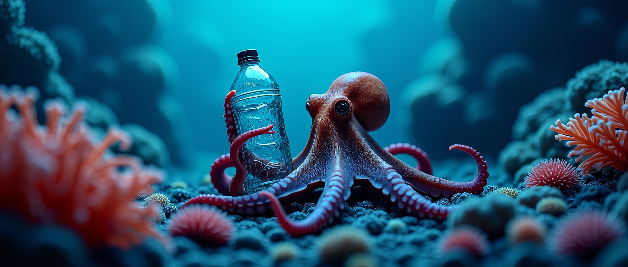 Octopus with plastic water bottle