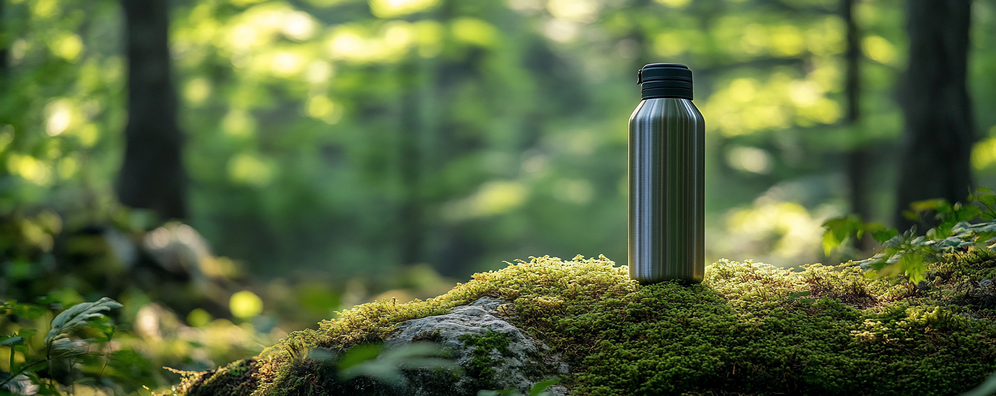 Metal water bottle on a mossy rock in a forest