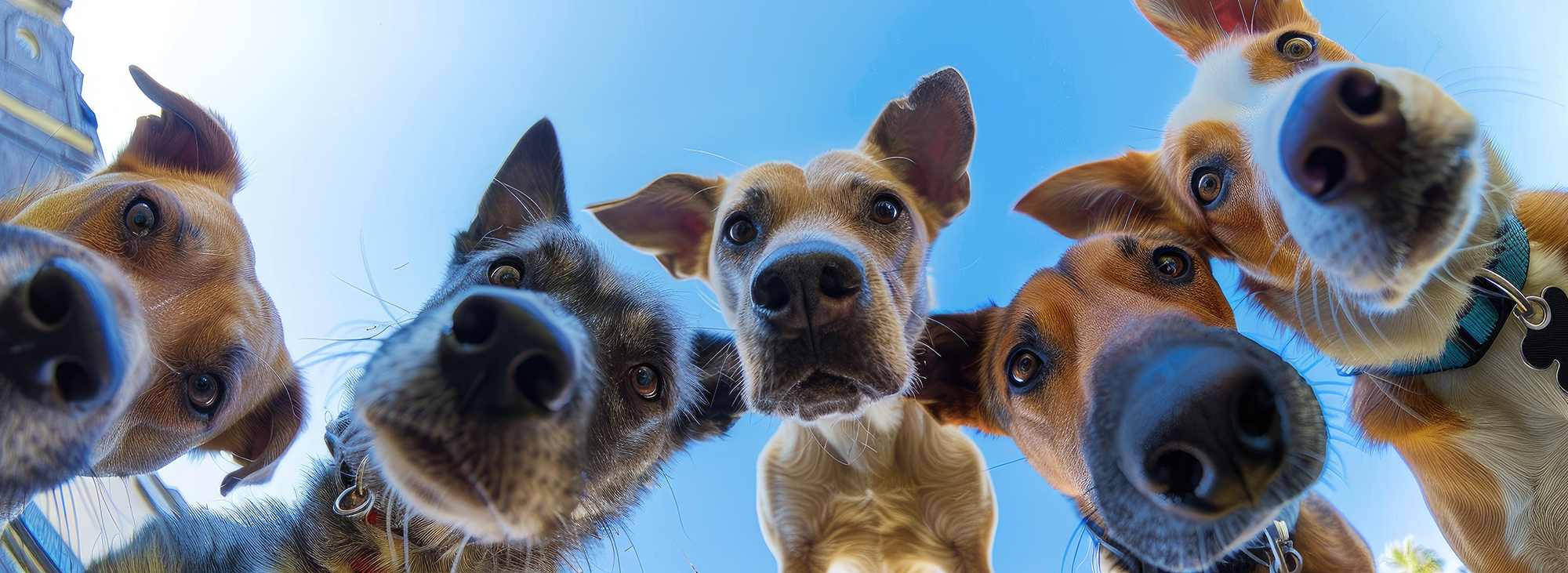 Group of dogs looking up at the camera with a clear blue sky background
