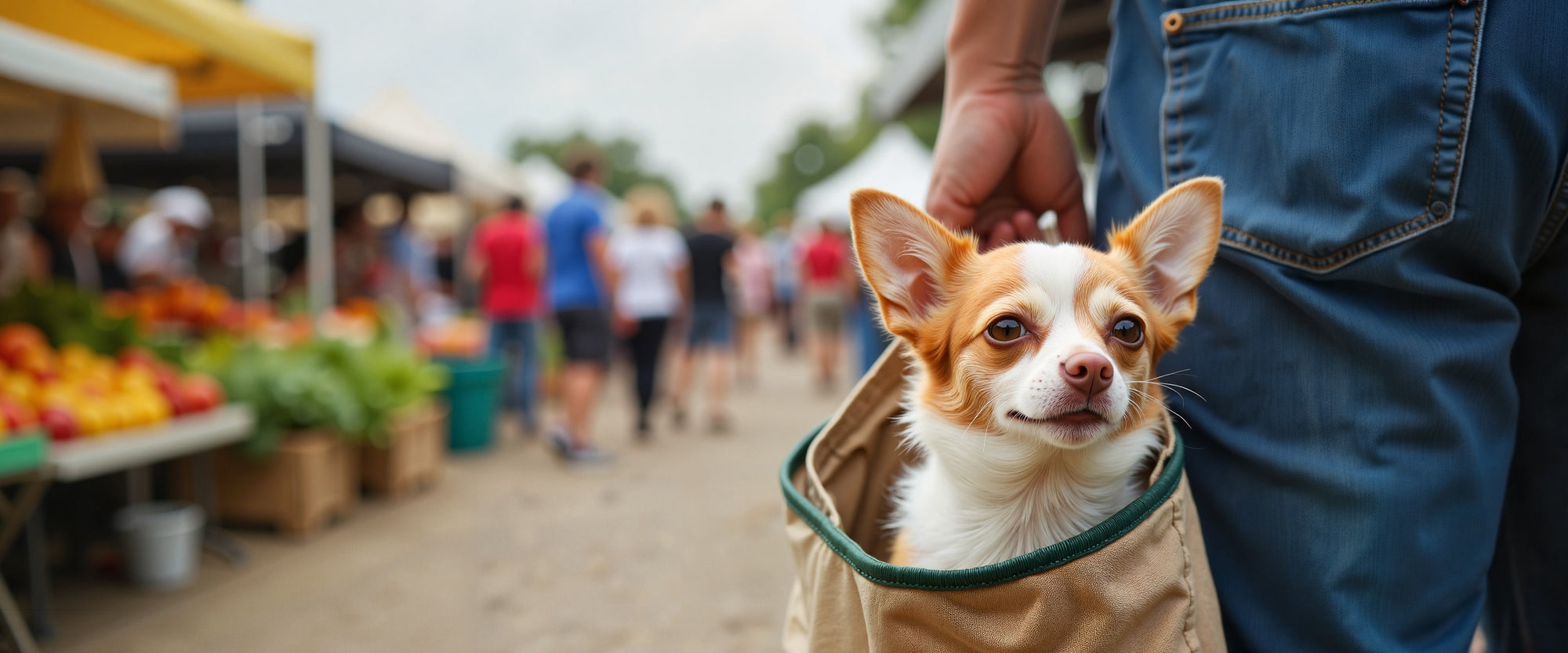 Small dog in a coat held by a person at an outdoor market.