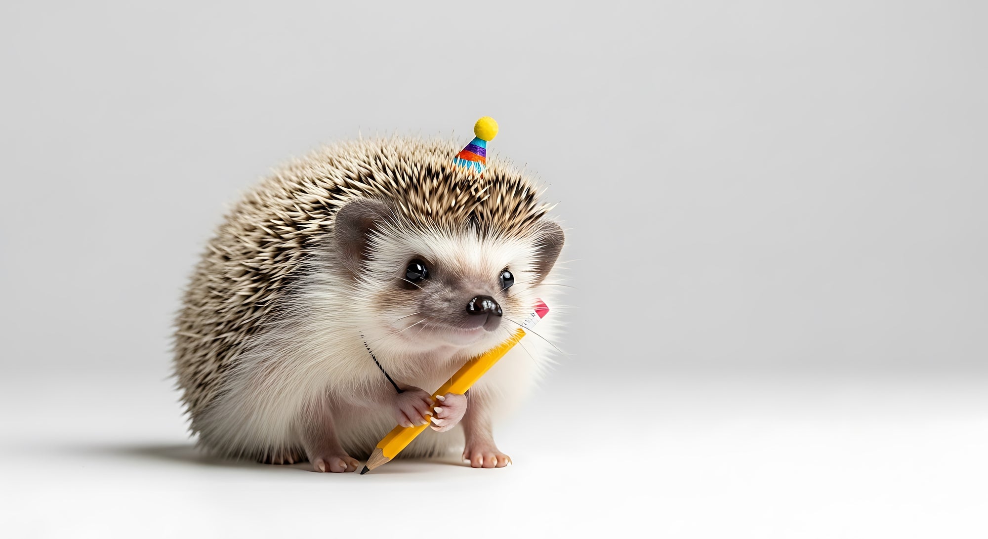 Hedgehog with a party hat and yellow pencil on a white background